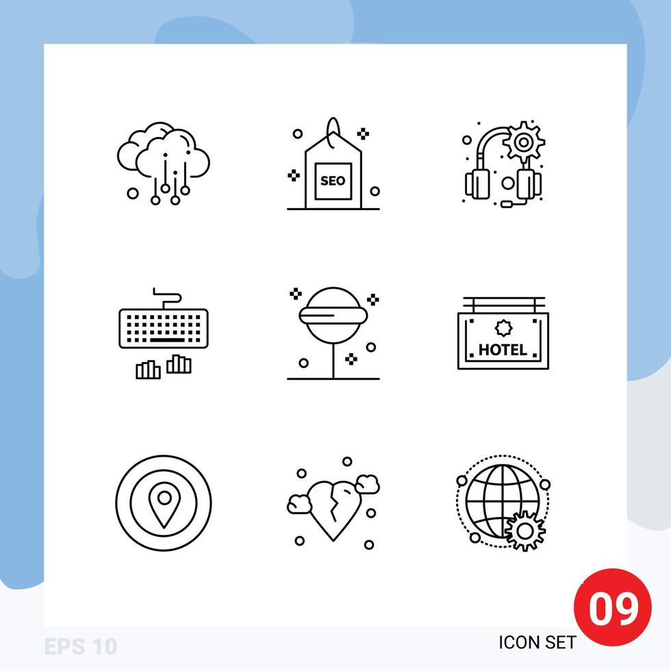 9 Thematic Vector Outlines and Editable Symbols of lollipop confect gear typing interface Editable Vector Design Elements