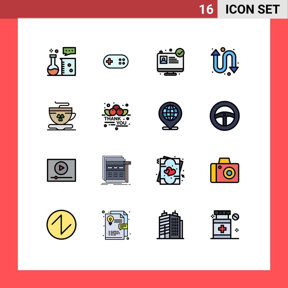Modern Set of 16 Flat Color Filled Lines and symbols such as cup tea plus watch kit arrows Editable Creative Vector Design Elements