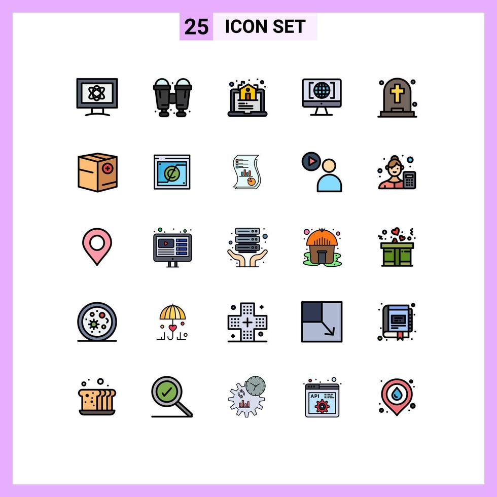 Group of 25 Filled line Flat Colors Signs and Symbols for halloween dead house big think internet Editable Vector Design Elements
