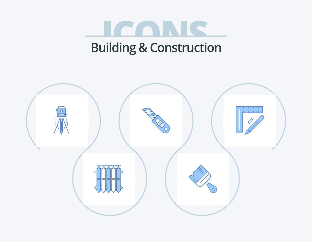 diseño de iconos del paquete de 5 iconos azules de construcción y construcción. cortador. herramienta. pintar. cuchillo. nivel vector