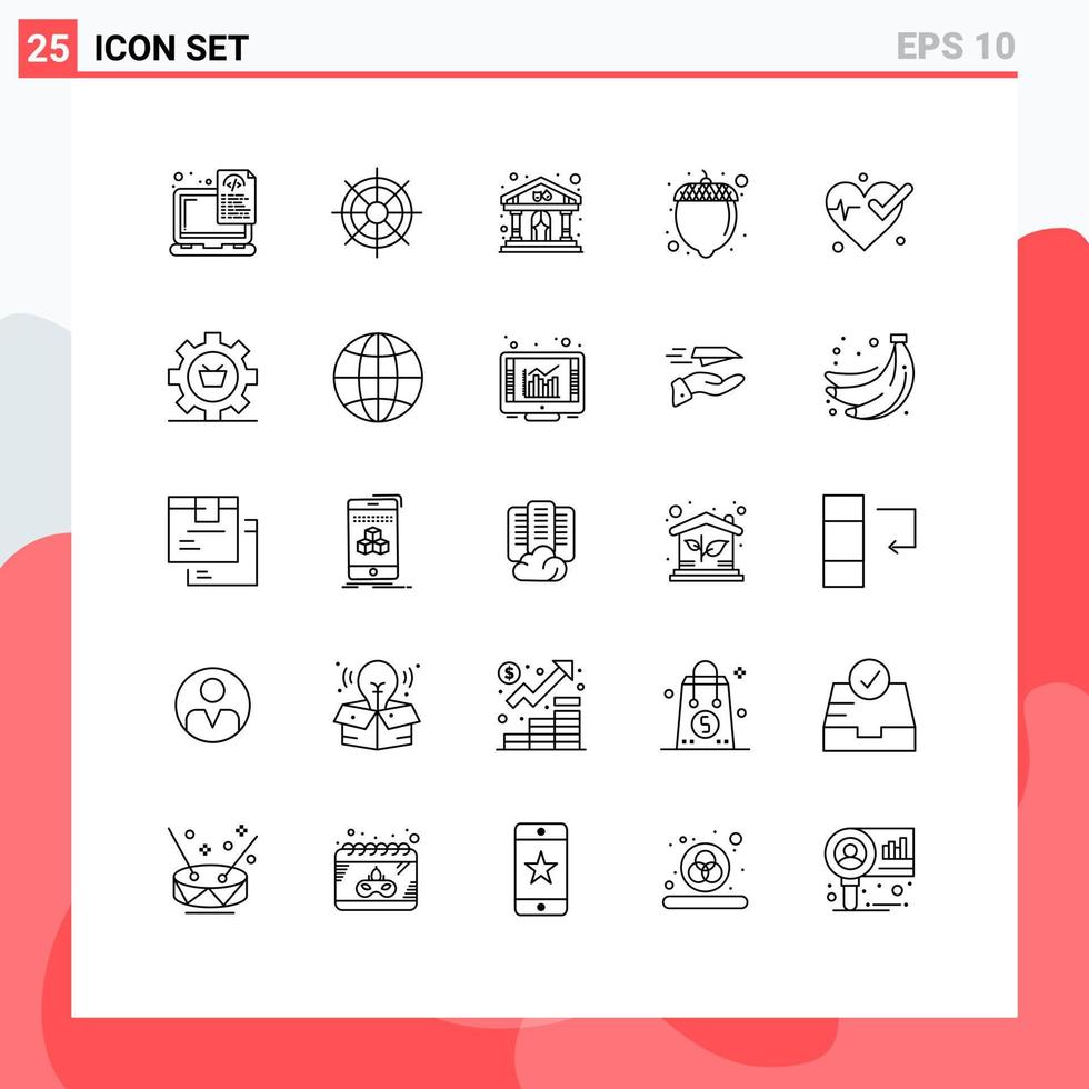 25 User Interface Line Pack of modern Signs and Symbols of heart nut wheel hazelnut building Editable Vector Design Elements