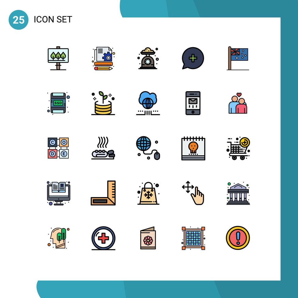 25 Thematic Vector Filled line Flat Colors and Editable Symbols of flag australia kitchen plus chat Editable Vector Design Elements