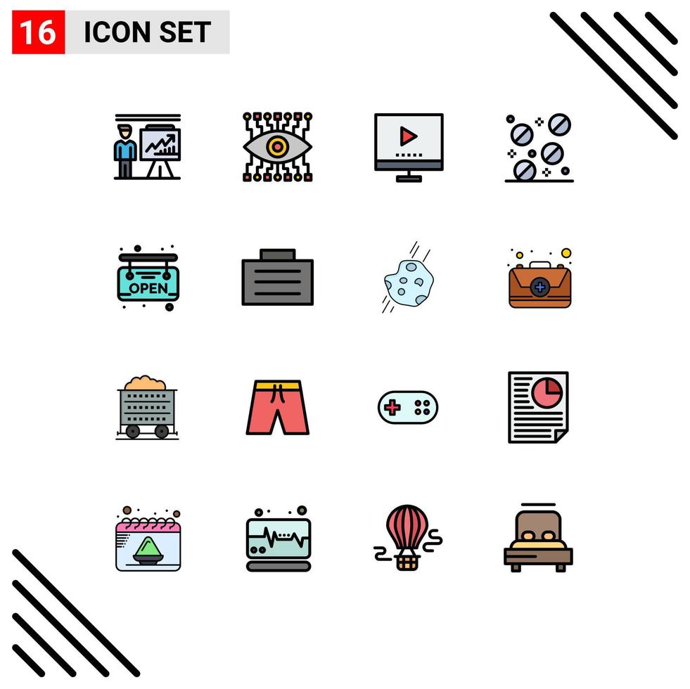 Set of 16 Commercial Flat Color Filled Lines pack for open tablets devices pills video Editable Creative Vector Design Elements