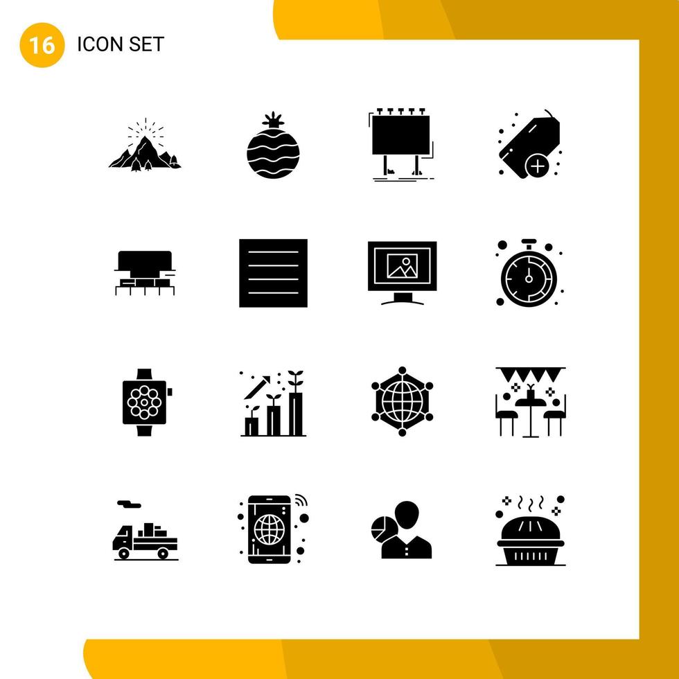 Set of 16 Commercial Solid Glyphs pack for tool level advertising tag add Editable Vector Design Elements