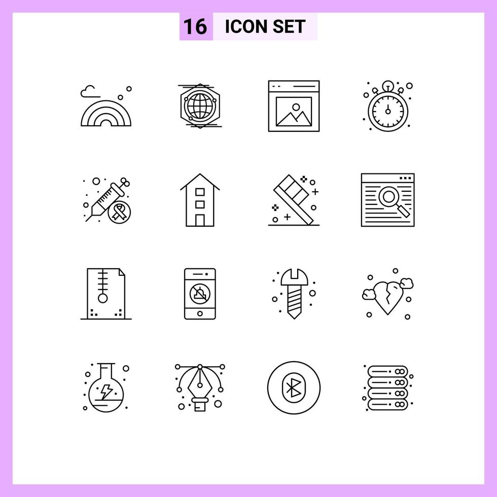 Universal Icon Symbols Group of 16 Modern Outlines of cancer timer communication stop watch user Editable Vector Design Elements