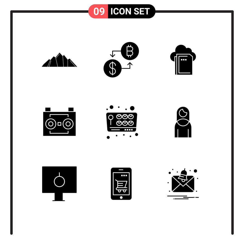 Pack of 9 creative Solid Glyphs of sound recording digital audio payment audio tape computing Editable Vector Design Elements