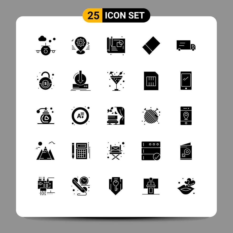 Group of 25 Solid Glyphs Signs and Symbols for robbery bank setting vehicles rubber Editable Vector Design Elements