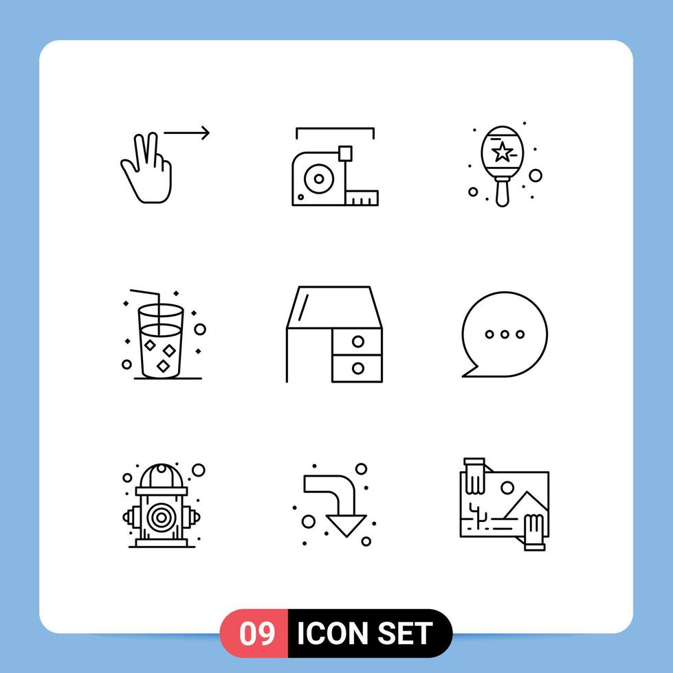 paquete de 9 signos y símbolos de contornos modernos para medios de impresión web, como escritorio de oficina, escritorio, cajón, instrumento, oficina, bebida, elementos de diseño de vectores editables