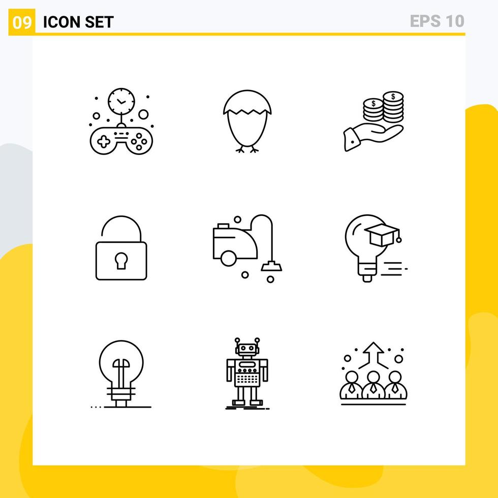 Universal Icon Symbols Group of 9 Modern Outlines of lock save savings money finance Editable Vector Design Elements