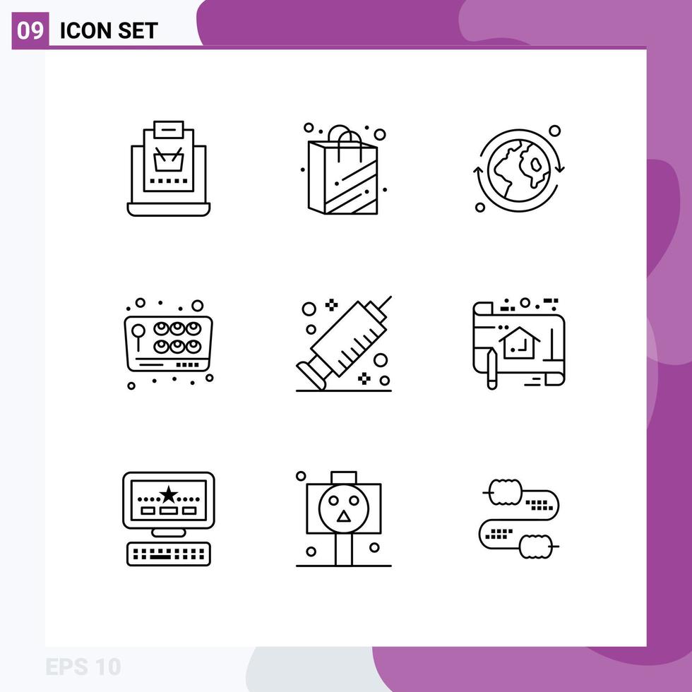 Group of 9 Outlines Signs and Symbols for vaccine medicine earth fun game Editable Vector Design Elements