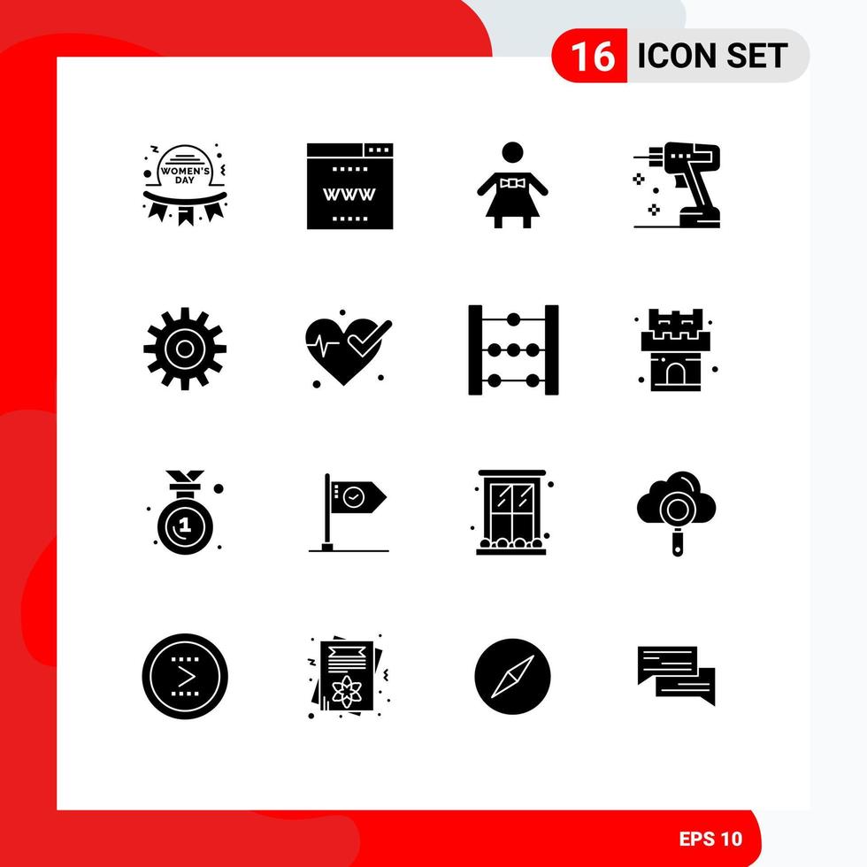 Pack of 16 Modern Solid Glyphs Signs and Symbols for Web Print Media such as setting tool site instrument construction Editable Vector Design Elements