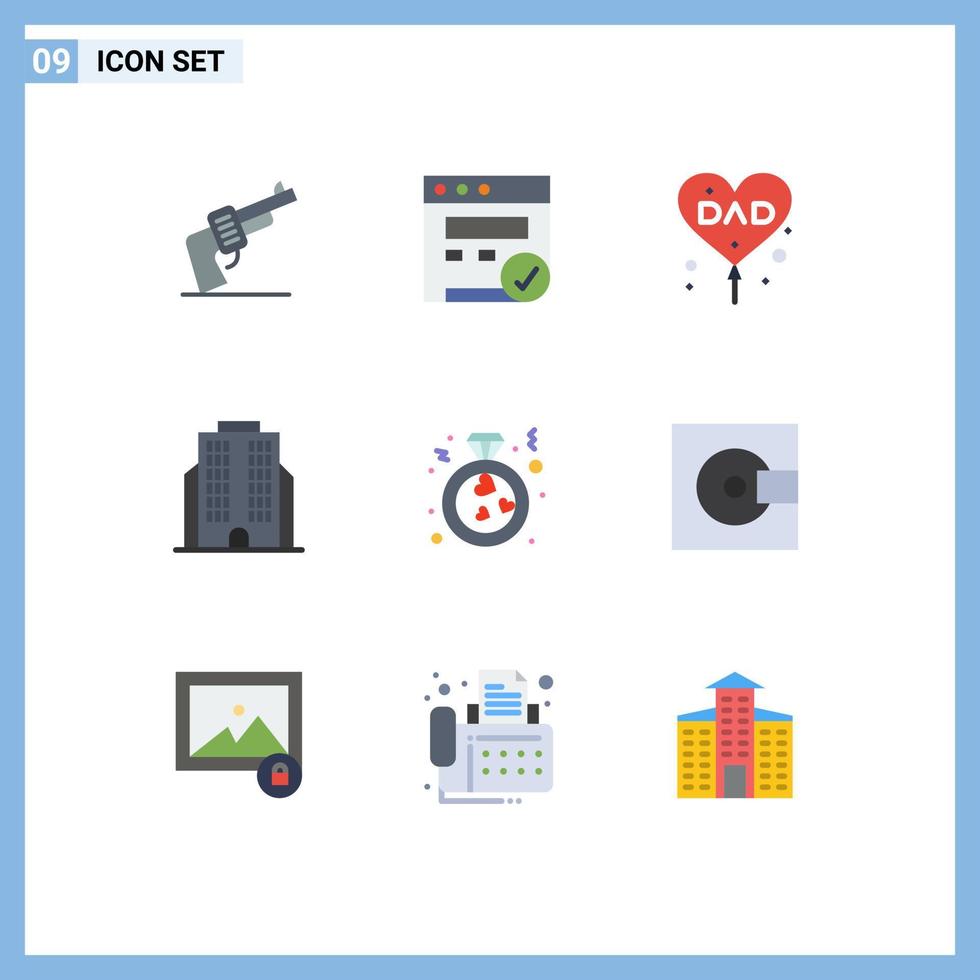 User Interface Pack of 9 Basic Flat Colors of ring heart dad corporation building Editable Vector Design Elements
