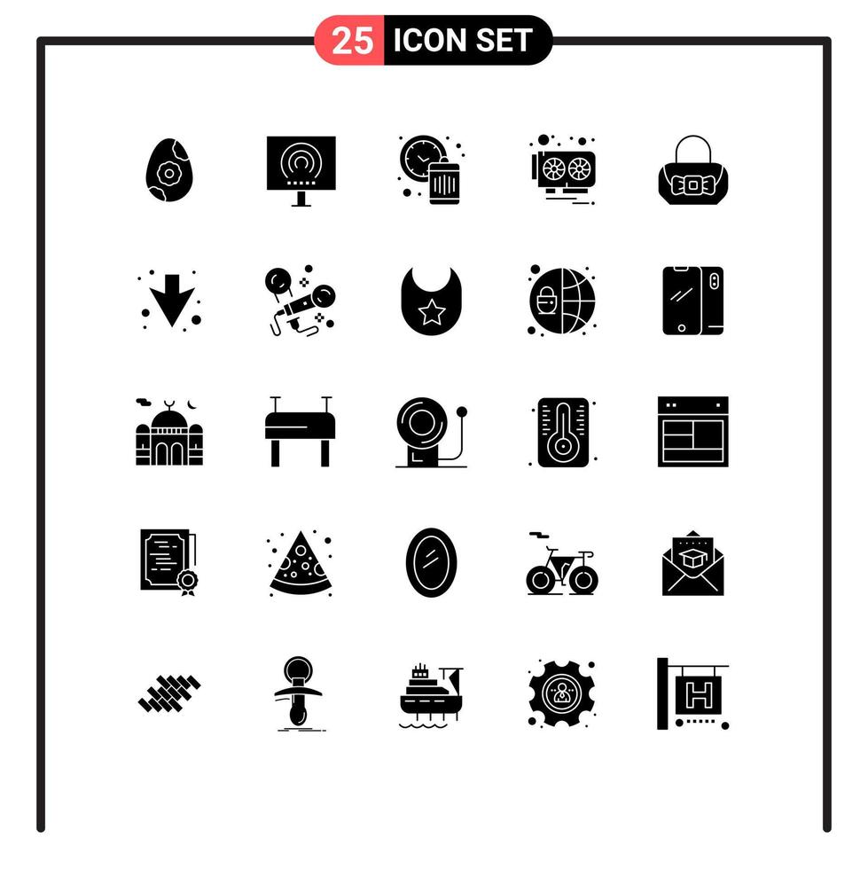 Group of 25 Modern Solid Glyphs Set for fashion video card clock video card Editable Vector Design Elements