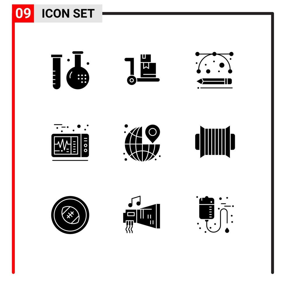 Pack of 9 Modern Solid Glyphs Signs and Symbols for Web Print Media such as pin around design production medical electrocardiogram Editable Vector Design Elements