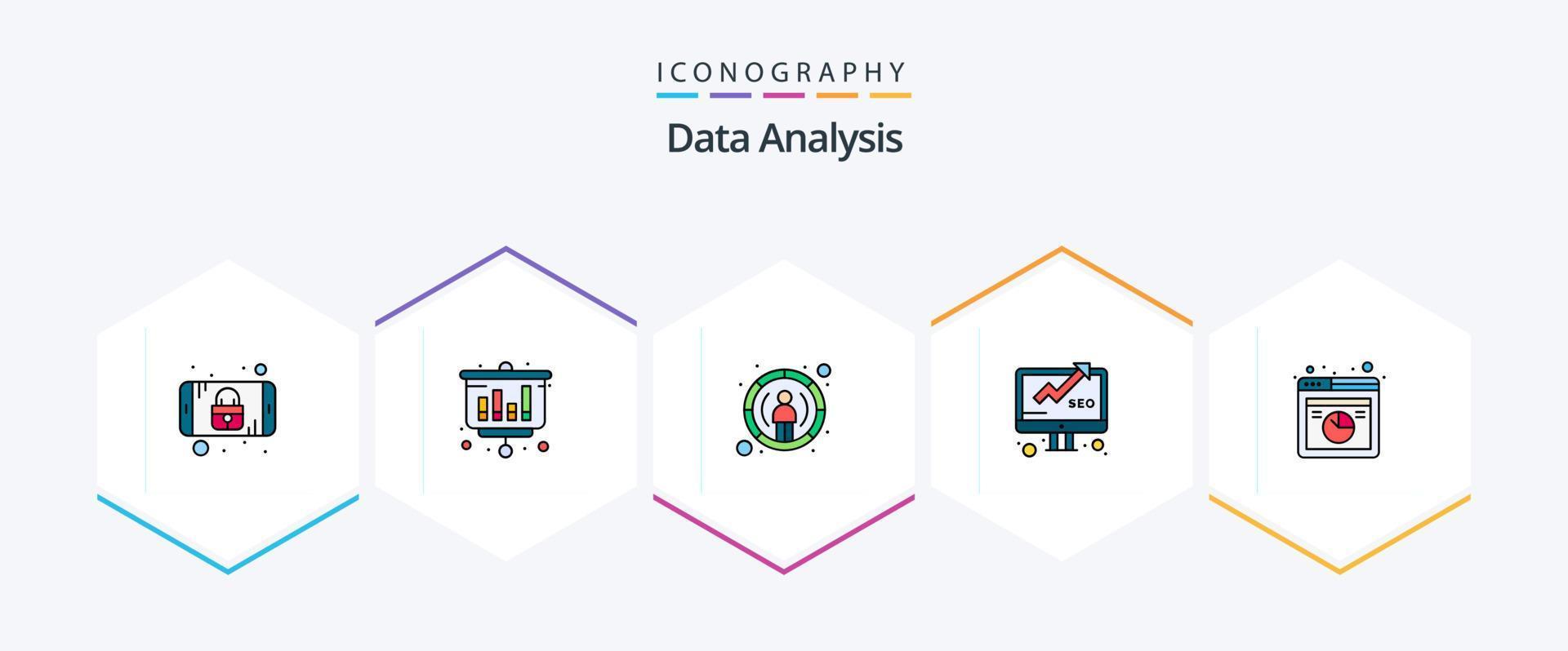 Data Analysis 25 FilledLine icon pack including database. seo. report. report. data vector