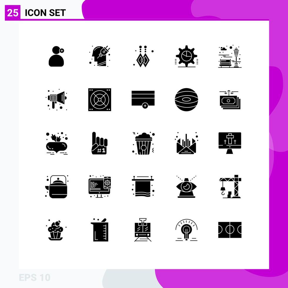 25 User Interface Solid Glyph Pack of modern Signs and Symbols of city statistics plugin settings gear Editable Vector Design Elements