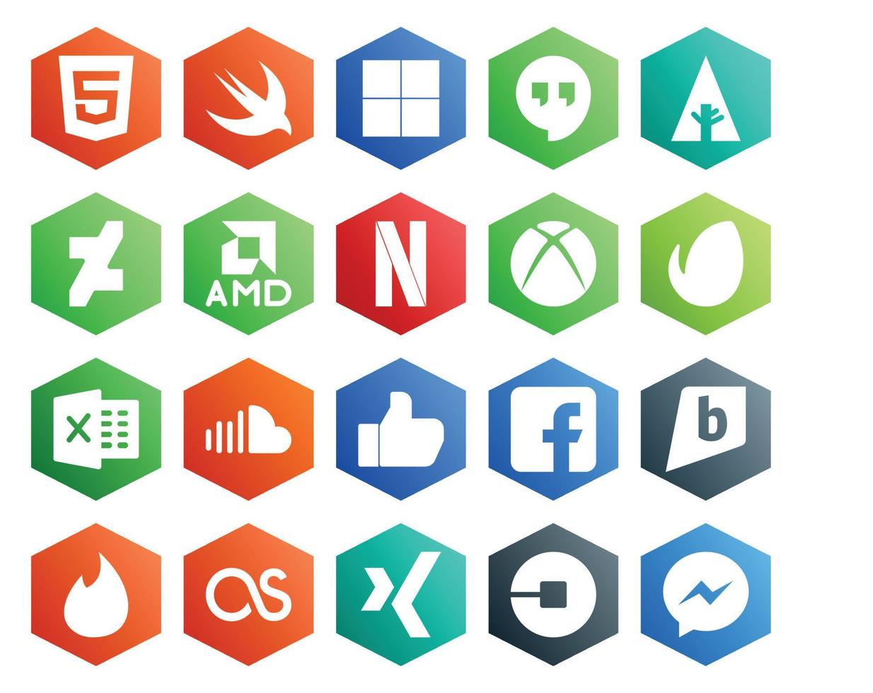 Paquete de 20 íconos de redes sociales que incluye yesca facebook xbox como sonido vector