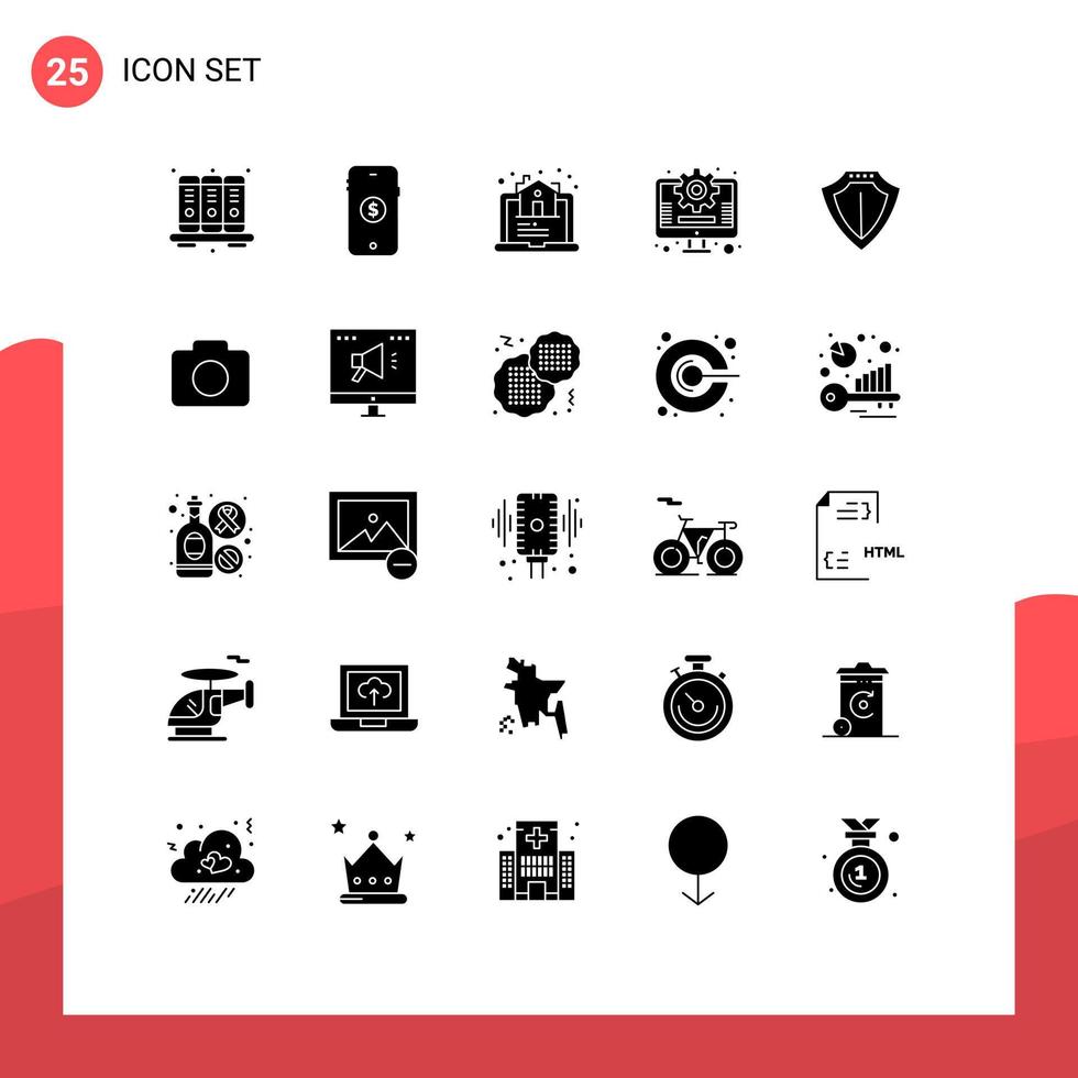 Modern Set of 25 Solid Glyphs Pictograph of locked sheild estate marketing business Editable Vector Design Elements