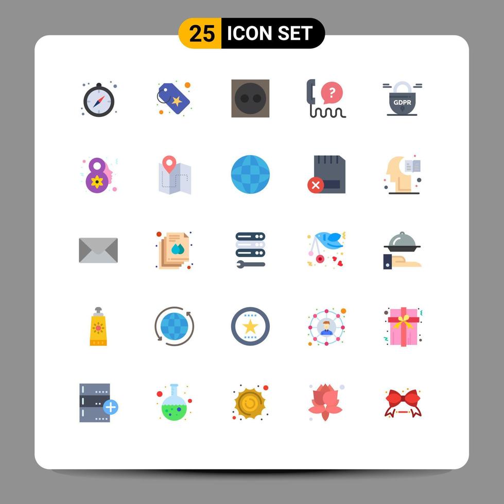 25 User Interface Flat Color Pack of modern Signs and Symbols of protection data electric support interface Editable Vector Design Elements