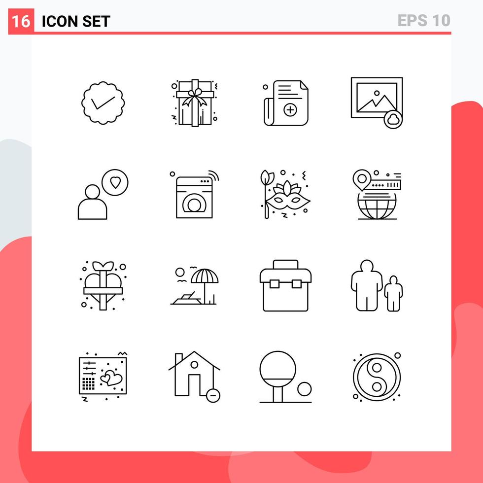 grupo universal de símbolos de icono de 16 contornos modernos de elementos de diseño de vector editables de imagen de hombre de forma de amor de Internet