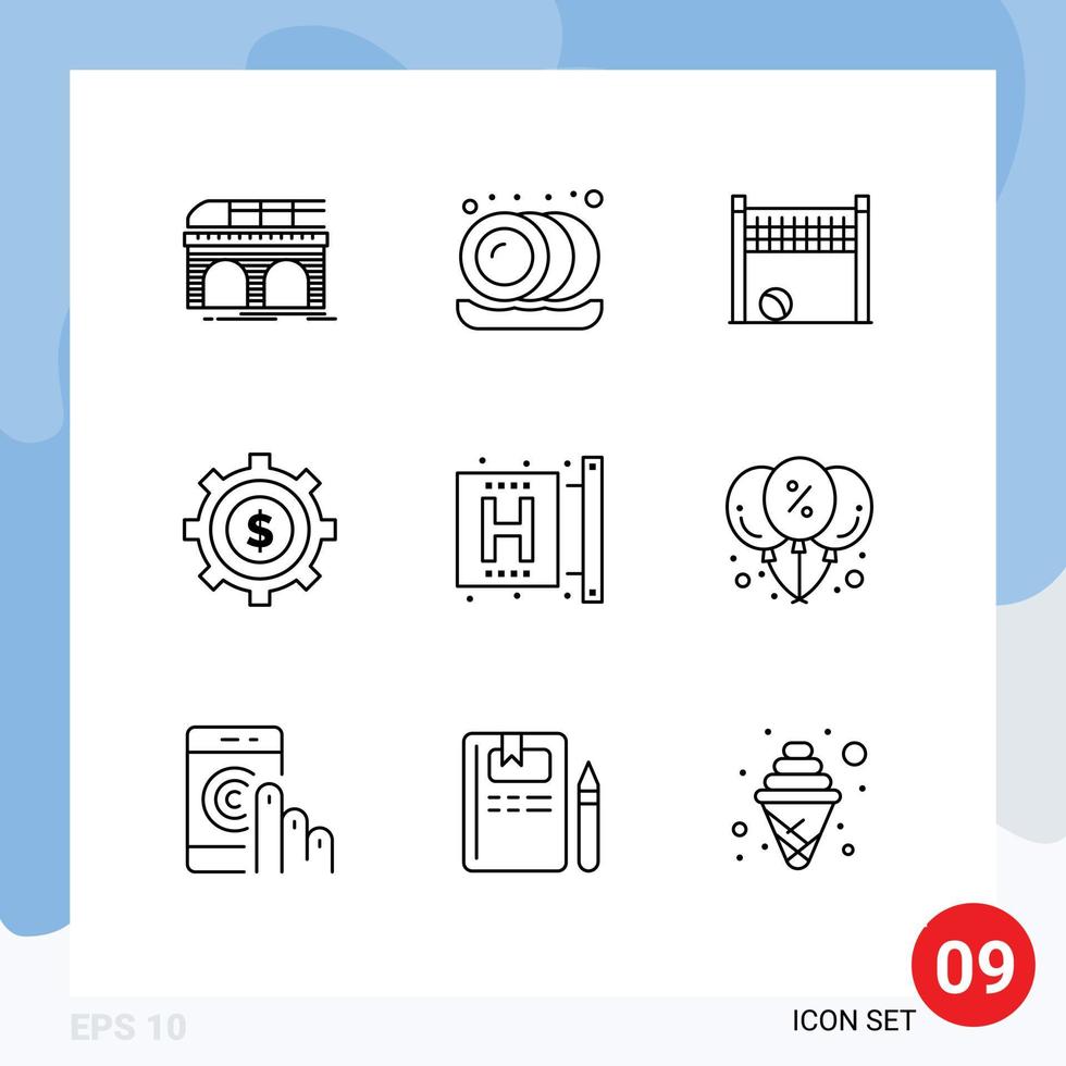 Pack of 9 creative Outlines of fitness center game process budget Editable Vector Design Elements
