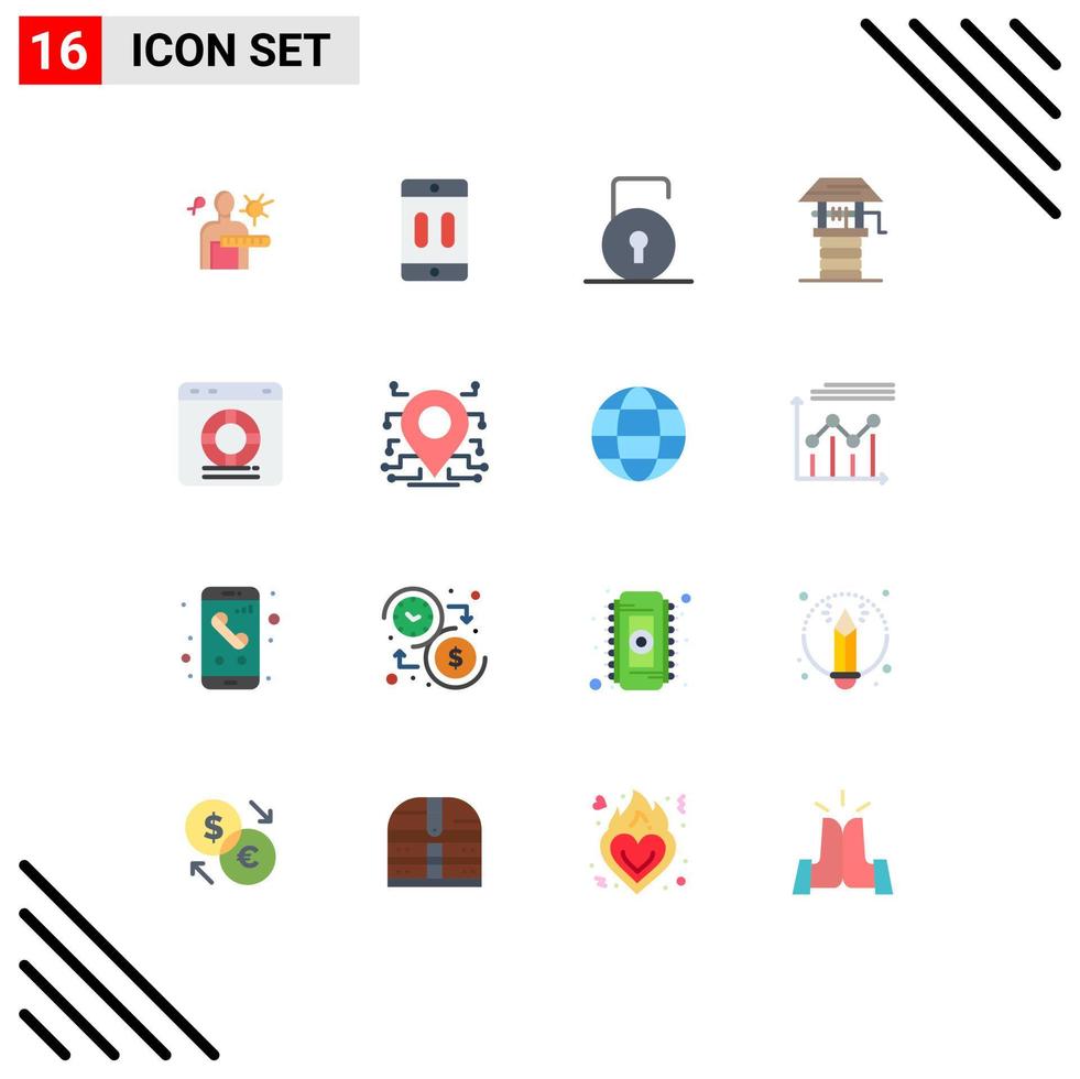 Flat Color Pack of 16 Universal Symbols of help farming pause farm security Editable Pack of Creative Vector Design Elements