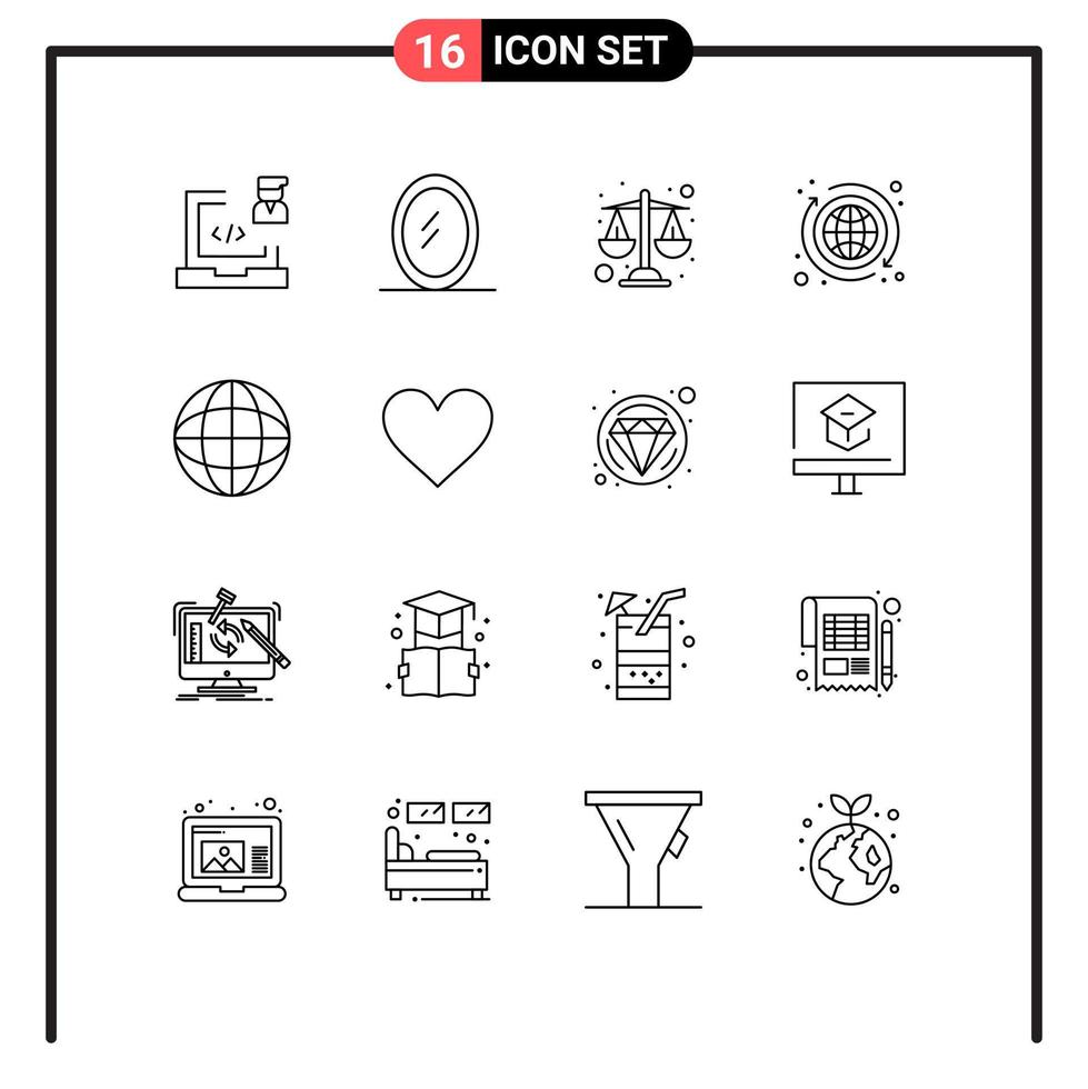 User Interface Pack of 16 Basic Outlines of heart geography justice education exchange Editable Vector Design Elements