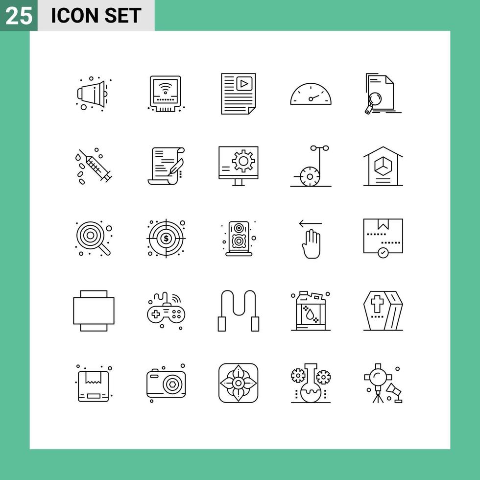 Line Pack of 25 Universal Symbols of document speedometer data speed video Editable Vector Design Elements