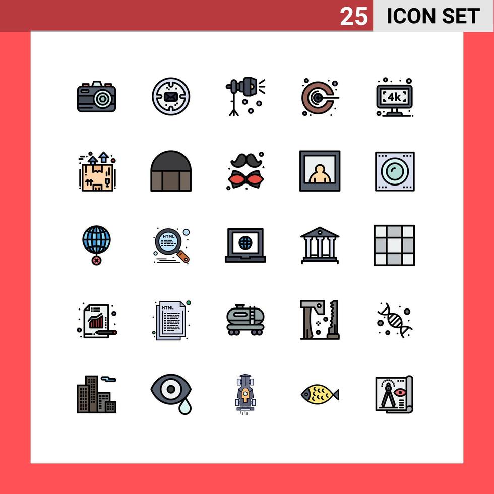 Group of 25 Modern Filled line Flat Colors Set for smart tv promotion light megaphone idea Editable Vector Design Elements