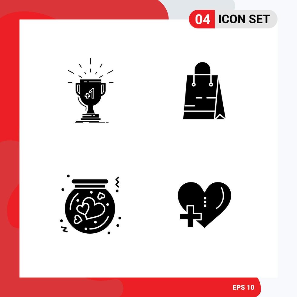 Pack of 4 creative Solid Glyphs of award bottle prize ecommerce heart Editable Vector Design Elements