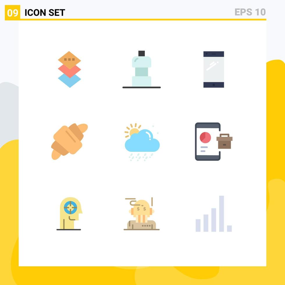 9 Thematic Vector Flat Colors and Editable Symbols of weather cloud mobile meal drink Editable Vector Design Elements
