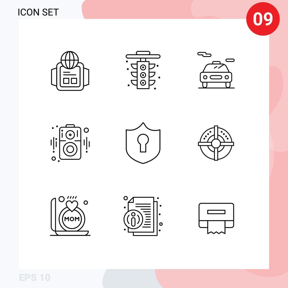 Modern Set of 9 Outlines Pictograph of arrow shield electric protection speaker Editable Vector Design Elements