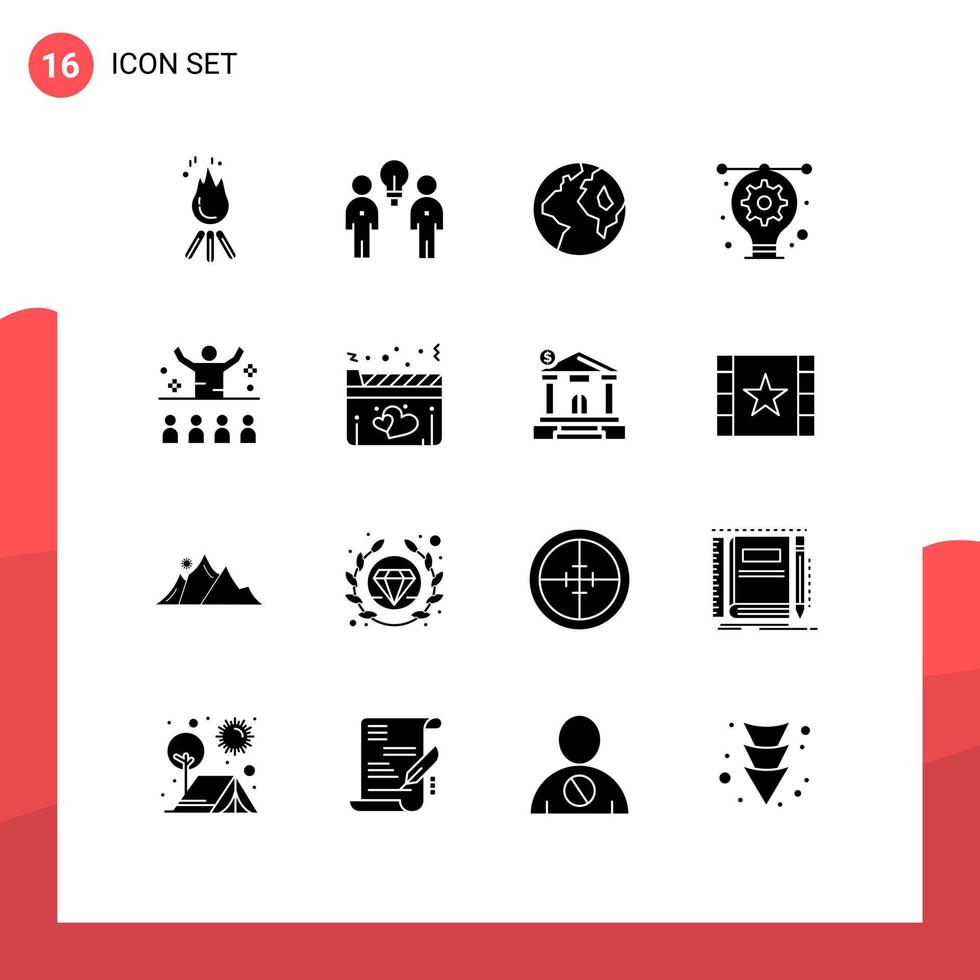 Modern Set of 16 Solid Glyphs and symbols such as communication designing team bulb worldwide Editable Vector Design Elements