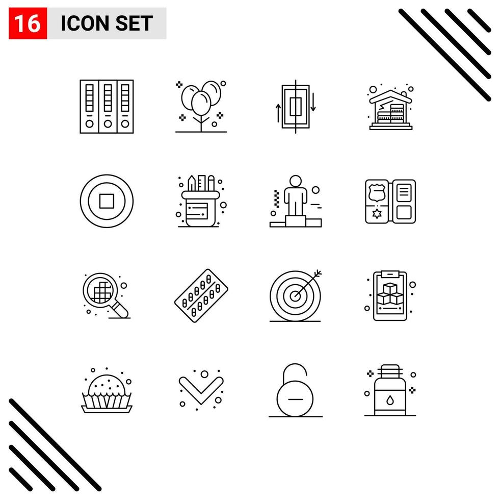 conjunto de 16 contornos vectoriales en cuadrícula para dinero casa hipoteca partido monedas teléfono elementos de diseño vectorial editables vector