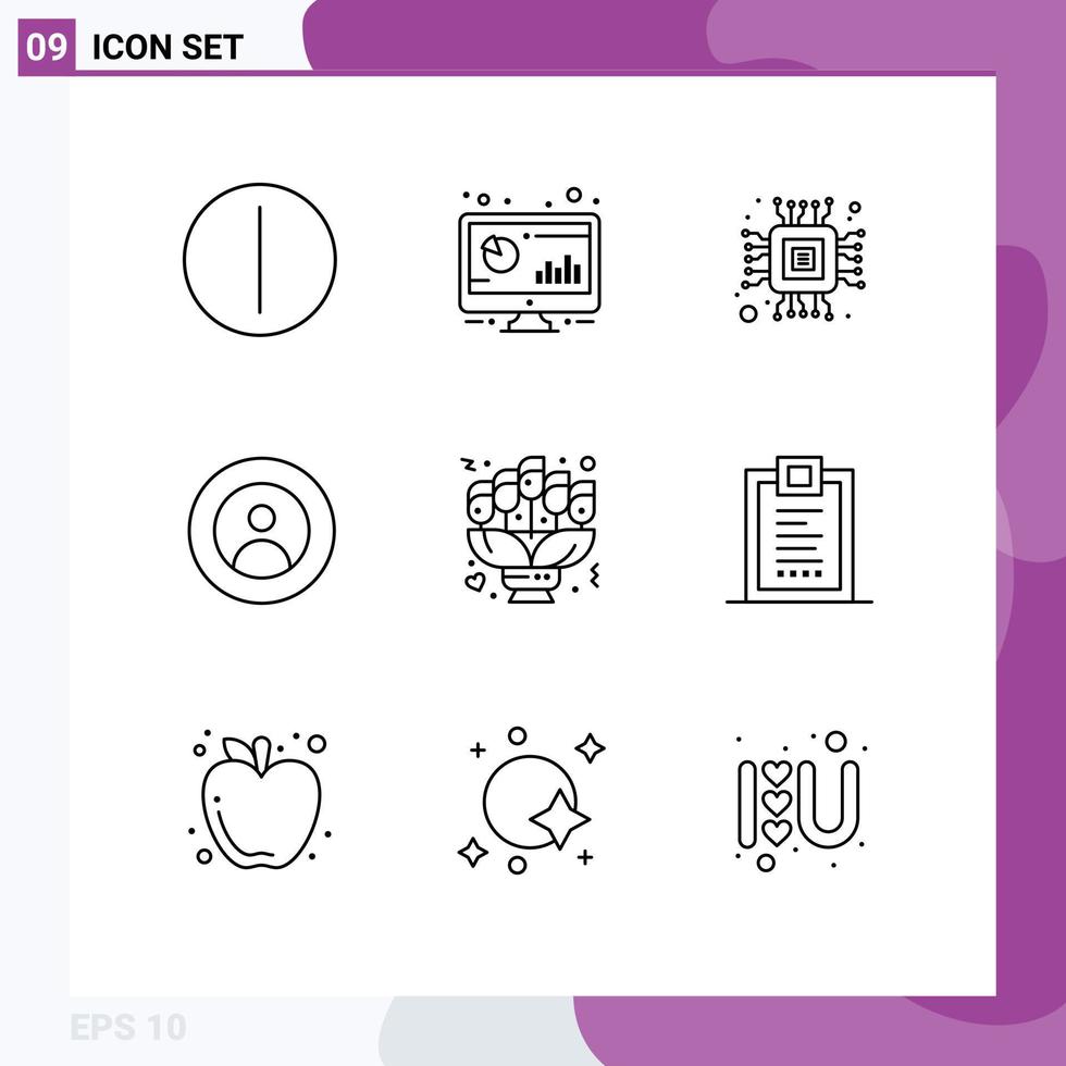 Set of 9 Modern UI Icons Symbols Signs for flowers world chip user global Editable Vector Design Elements