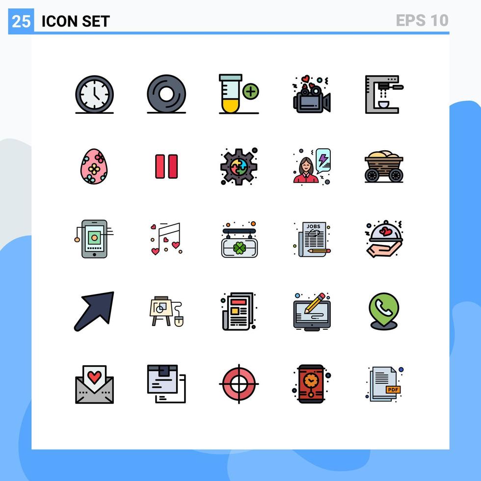 paquete de 25 modernos signos y símbolos de colores planos de línea rellena para medios de impresión web, como alimentos, bebidas, ciencia, cocina, video, elementos de diseño de vectores editables