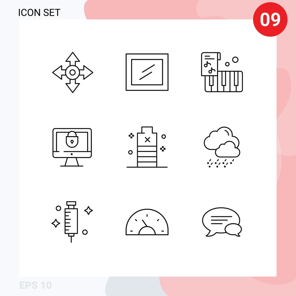 Set of 9 Commercial Outlines pack for power essential music energy security Editable Vector Design Elements
