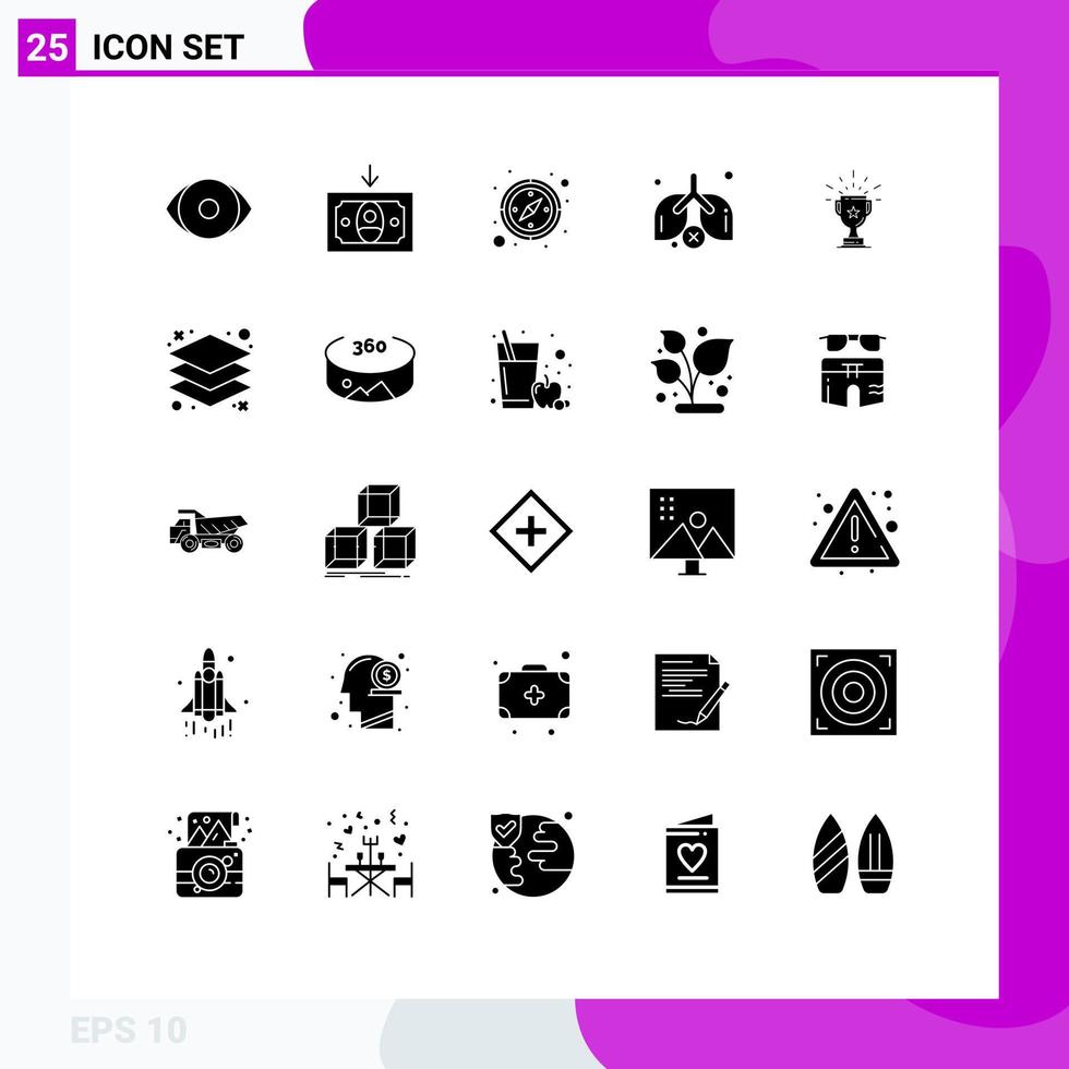 Group of 25 Solid Glyphs Signs and Symbols for prize award direction achievement waste Editable Vector Design Elements