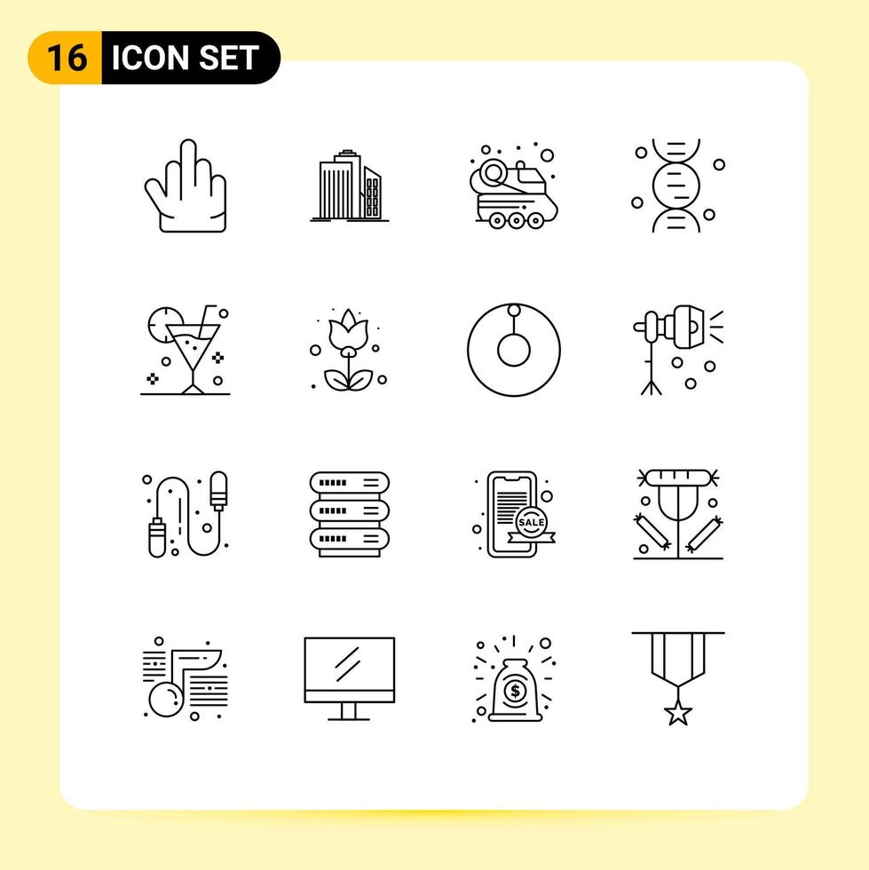 Mobile Interface Outline Set of 16 Pictograms of beverage science real estate research spacecraft Editable Vector Design Elements