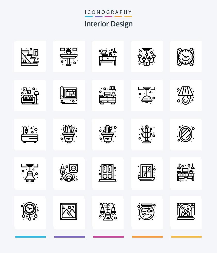 paquete de iconos de 25 contornos de diseño interior creativo, como el reloj. lámpara. libro. candelabro. papel vector