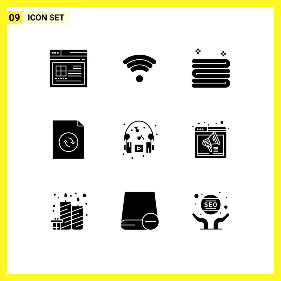 9 iconos creativos, signos y símbolos modernos del navegador, limpieza de auriculares, pasatiempo, sincronización, elementos de diseño vectorial editables vector