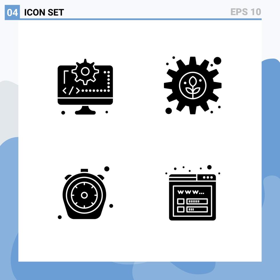 Modern Set of 4 Solid Glyphs and symbols such as computer food gear plant time Editable Vector Design Elements