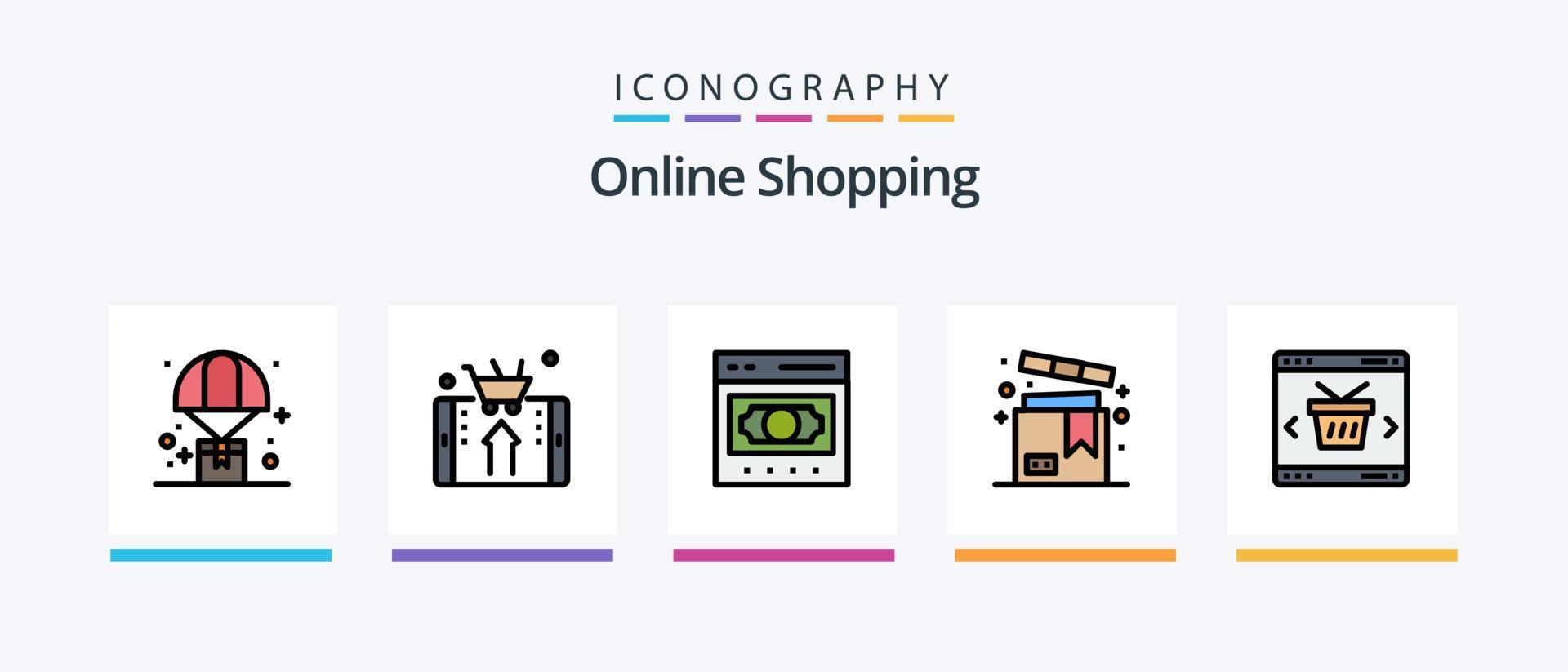 la línea de compras en línea llenó un paquete de 5 íconos que incluye compras. en línea. compras. móvil. en línea. diseño de iconos creativos vector