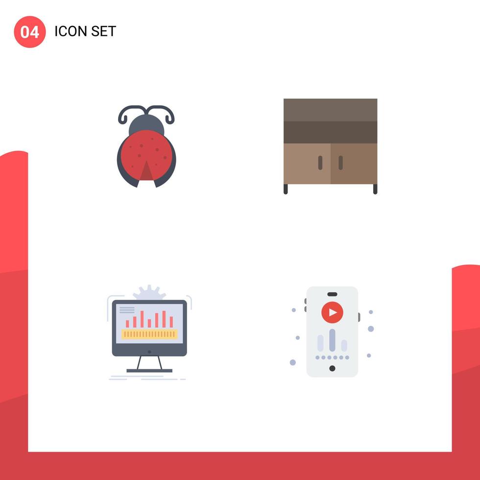 Editable Vector Line Pack of 4 Simple Flat Icons of bug admin spring furniture monitoring Editable Vector Design Elements