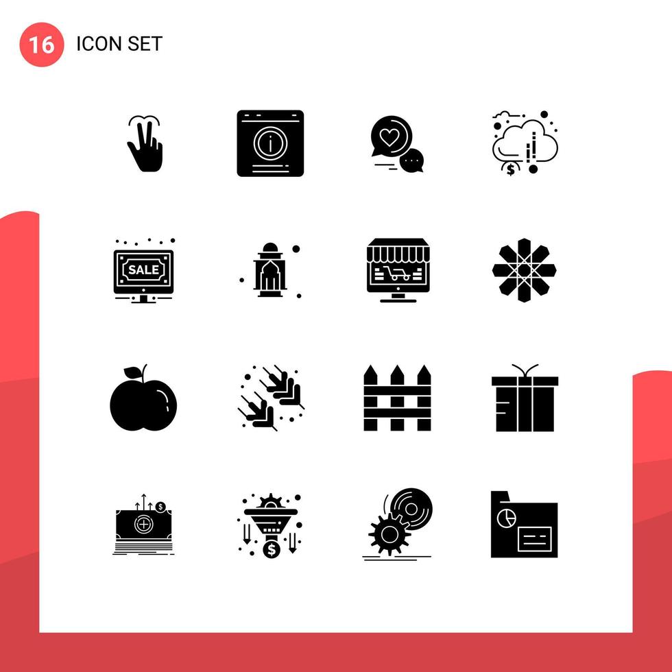 Group of 16 Solid Glyphs Signs and Symbols for donation crowd funding help couple chat sms Editable Vector Design Elements