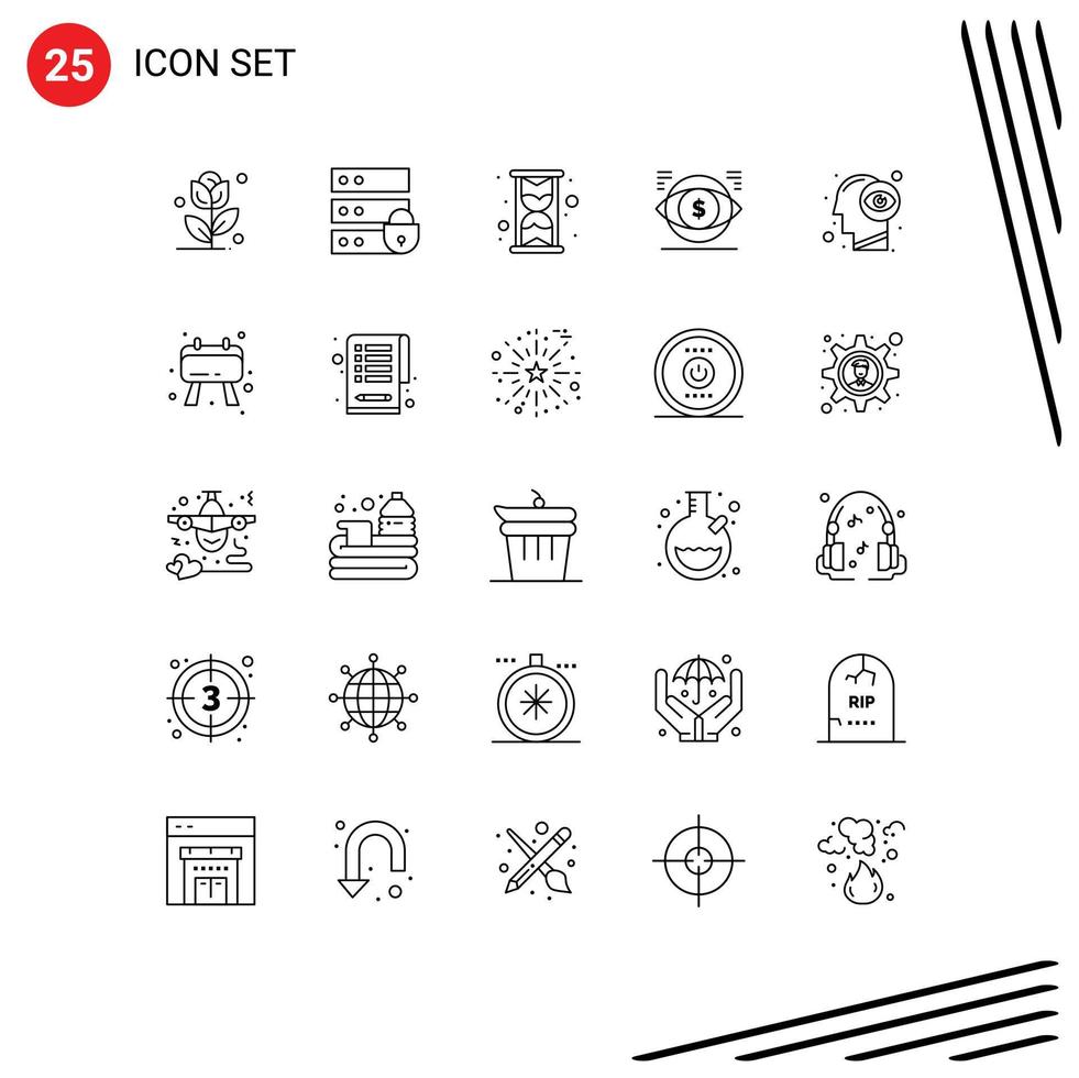 25 Thematic Vector Lines and Editable Symbols of vision human hour vision money Editable Vector Design Elements