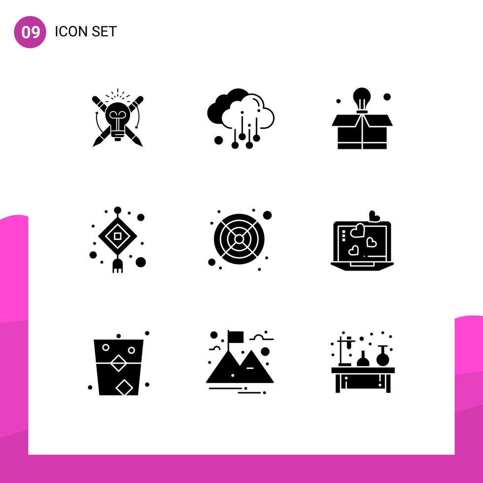 9 Thematic Vector Solid Glyphs and Editable Symbols of laptop cooler bulb computer lantern Editable Vector Design Elements