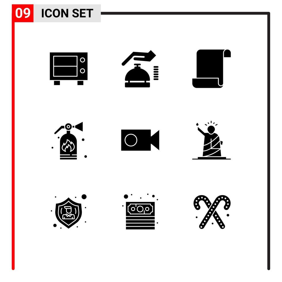 Pack of 9 Modern Solid Glyphs Signs and Symbols for Web Print Media such as liberty video log record security Editable Vector Design Elements