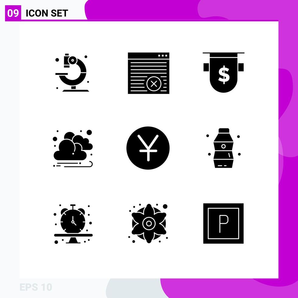 Pack of 9 creative Solid Glyphs of coins sun badges cloud finance Editable Vector Design Elements