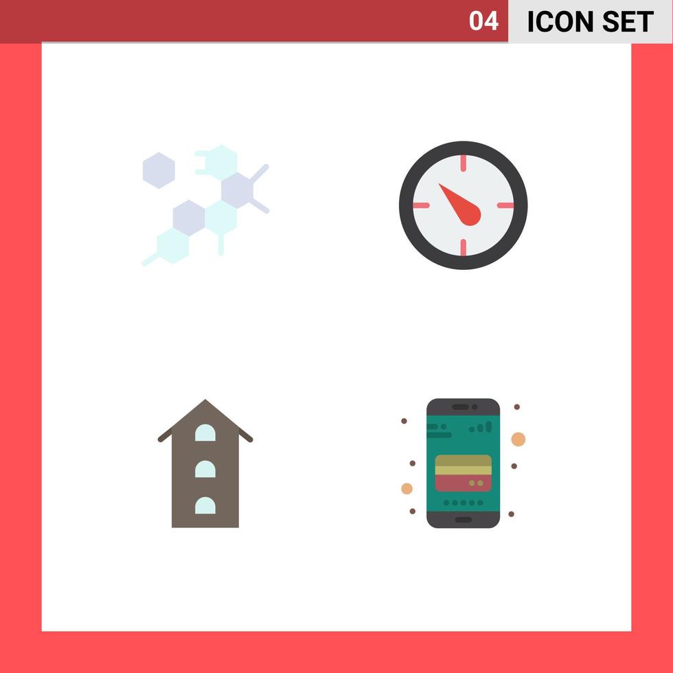 Pack of 4 creative Flat Icons of cell shops stopwatch buildings atm card Editable Vector Design Elements